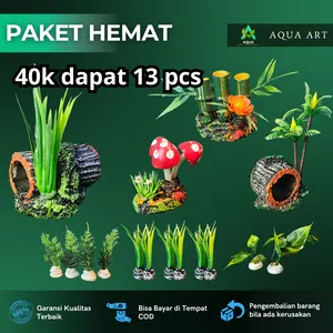 Paket Lengkap 40Ribu dapat 13 pcs Hiasan Akuarium Pokol Kayu Jamur Mini Rumput Cemara Bambu
