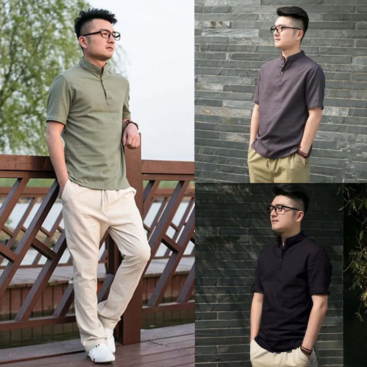 Áo Cánh Ngắn Tay Cho Nam, Áo Cotton Và Vải Lanh, Dáng Ôm, Thường Ngày, Trơn