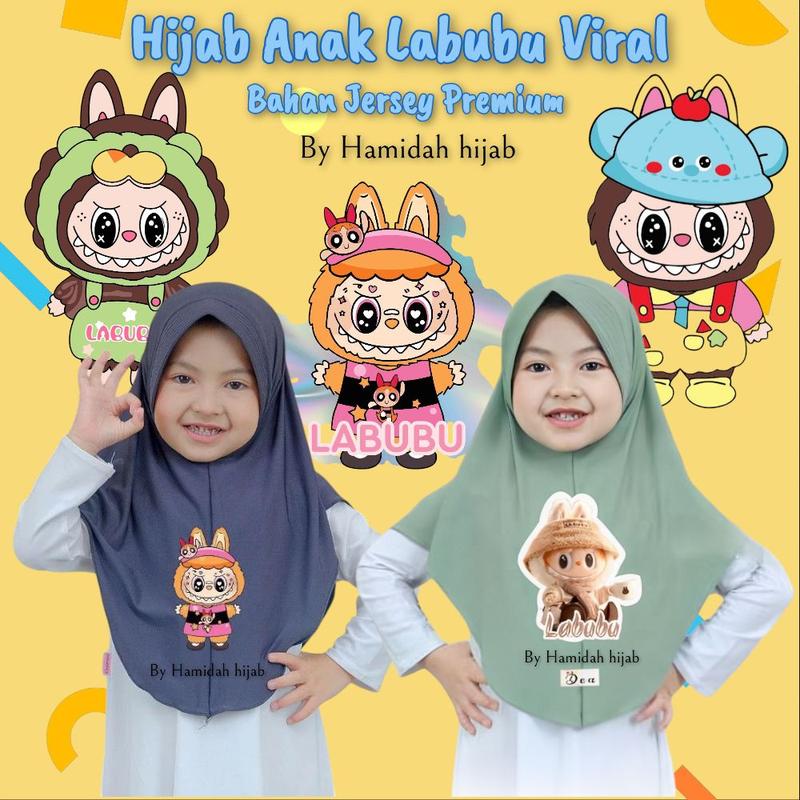 Hijab Anak Labubu Jersey Premium Hijab Karakter Kerudung Instan Anak Umur 2-15 Tahun Muslim Terbaru Terlaris Nyaman Halus Jersey Premium Sekolah 1