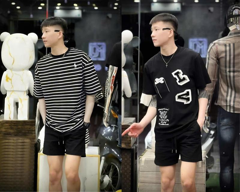 Sét Đồ Bộ Thun Nam Nữ , Tạo Kiểu Kẻ Sọc , In Chữ , Thêu Logo Hiện Đại Boy Phố - Menswear, Áo Cổ Tròn