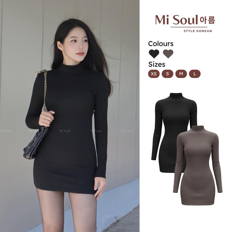 Váy Body Len Dài Tay Cổ 3 Phân Dáng Ngắn Chất Len Lông Thỏ Misoul Đầm Len Dài Tay 514 Nữ Women Dress Đen