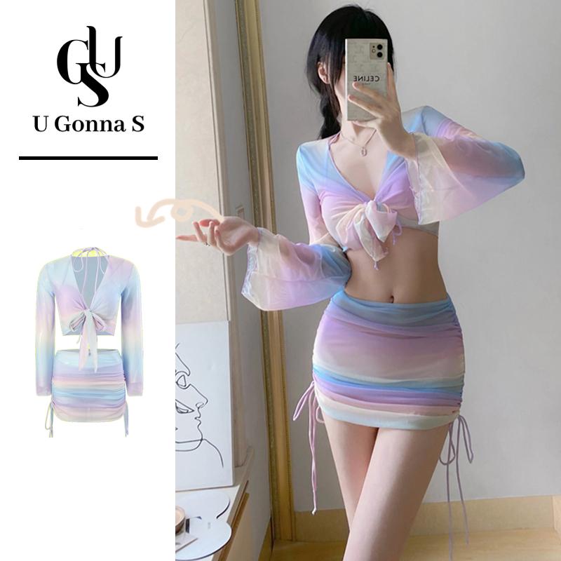 Bộ đồ bơi hai mảnh trang phục đi biển áo tắm phụ nữ sexy nâng Padding dây 4 mảnh 2024 phong cách mới với bìa lên tay áo dài eo cao dễ thương thời trang co giãn 0