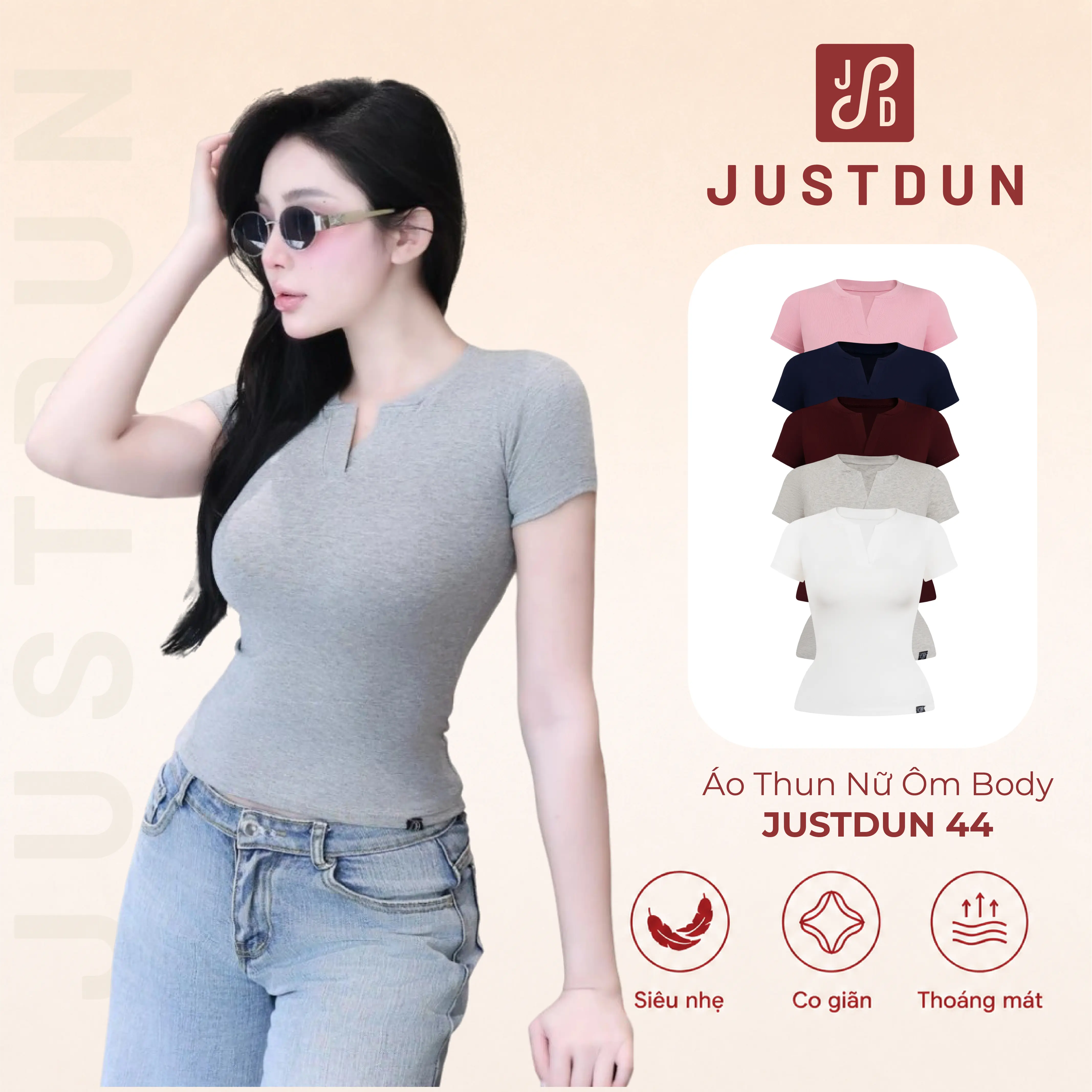 JUSTDUN Áo Thun Nữ Ôm Body JUSTDUN E44 – Cổ Trụ Tàu Tay Ngắn, Vải Cotton Mềm Mịn Co Giãn 4 Chiều, Thoáng Mát