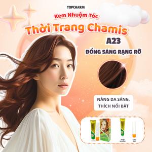 Nhuộm tóc màu Đồng Sáng A23 rạng rỡ TOPCHARM 30 màu, lên màu nhanh chuẩn, dưỡng tóc bóng mềm (kèm oxy, bao tay, lược) Nhuộm Tóc Đổi Màu Tóc Nữ