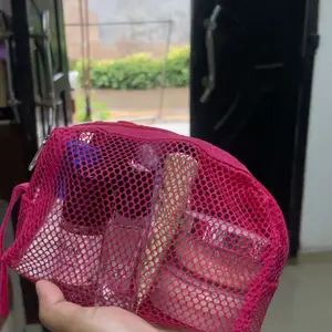 Tas Pouch Make Up Transparan Jaring Polos Tas Kosmetik Travel Bag Organizer New Size M Warna Pink Hitam putih real pict