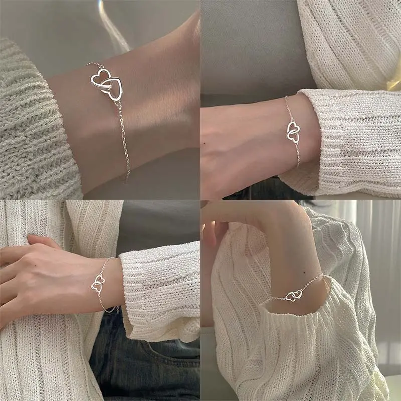 Vòng Tay Hợp Kim Kim Loại Cho Nữ, Trái Tim Đào, Trái Tim Đôi, Lồng Vào Nhau, Trái Tim Nhỏ, YK Phụ Kiện Móc Khoá 7