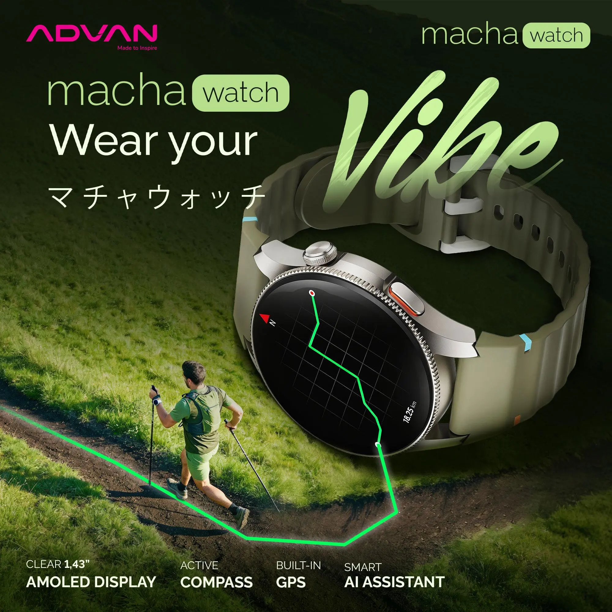 ADVAN Smartwatch Macha Build-in GPS AI Assistant AMOLED 1.43" Active Compass 3ATM Waterproof Tahan Air Jam Tangan Pintar Bluetooth Call Always On Display AOD Bluetooth Call Support Strava