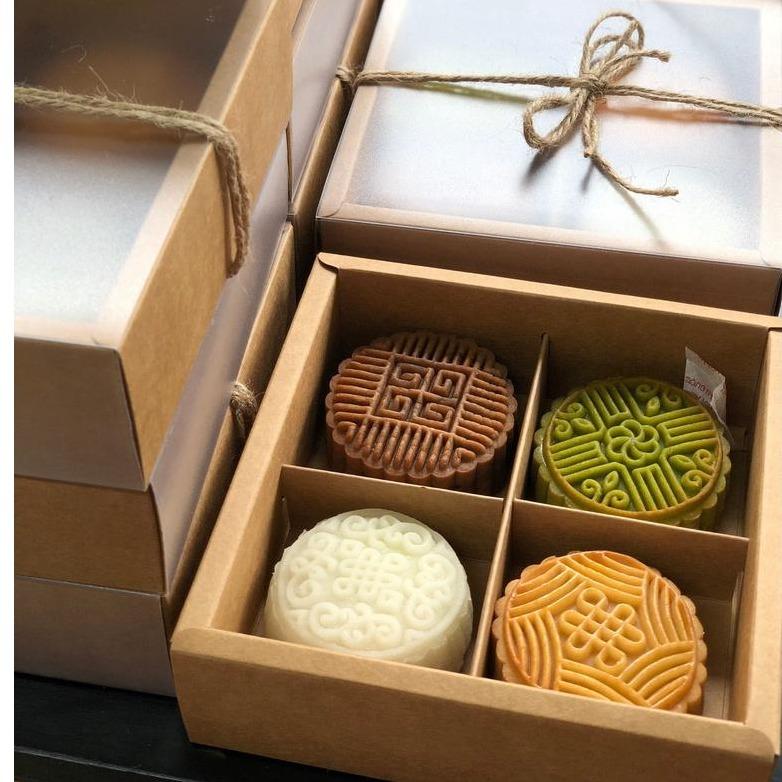   QP-G  SET 5 Cái hộp giấy vuông kraft loại 4 ngăn và 6 ngăn đựng bánh trung thu bánh kem kèm nắp nhựa mica mờ 