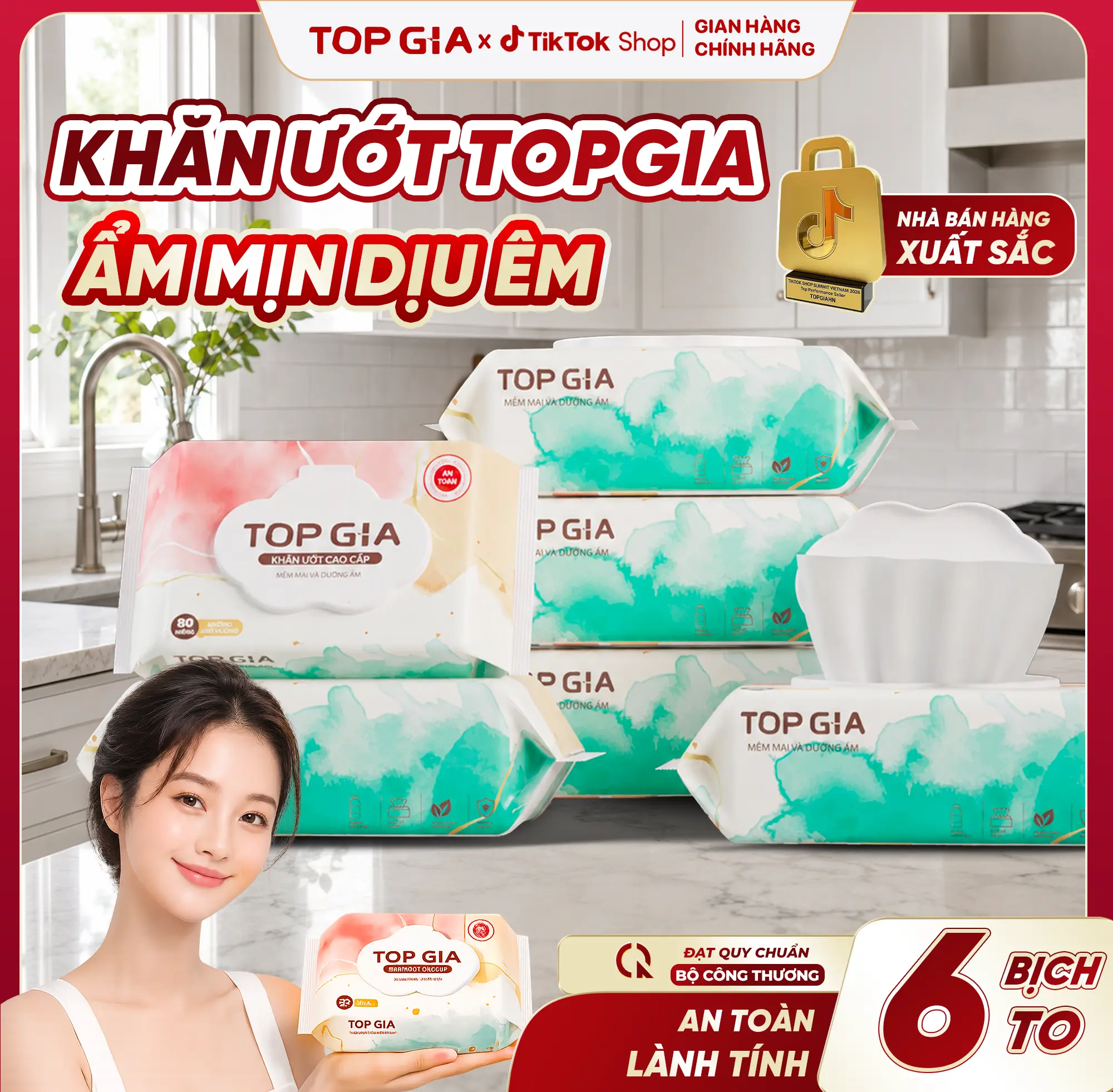 (KHÔNG CỒN - KHÔNG MÙI HƯƠNG LIỆU) Thùng Khăn  Ướt TOPGIA 6 Bịch TO, Khăn Ướt Ban Mai Mềm Mại Rút An Toàn Lành Tính,Mẹ Tin Dùng, Khăn Ướt Đa Năng Để Bàn ĐẠT QUY CHUẨN CỦA BỘ CÔNG THƯƠNG (KU) #khanuot #topgia #khangiayuot