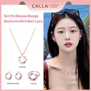 Calla Kalung Anting  Cincin 3in1 / Set Perhiasan Zirkon Korea yang Lembut / Elemen Bunga Mawar Emas