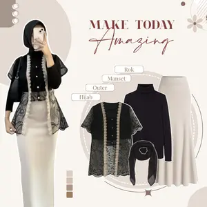 Setelan Wanita 4in1 ( Outer Brokat, Rok, Manset, Hijab ) Outfit Kondangan Mewah Ootd Lebaran - LN234