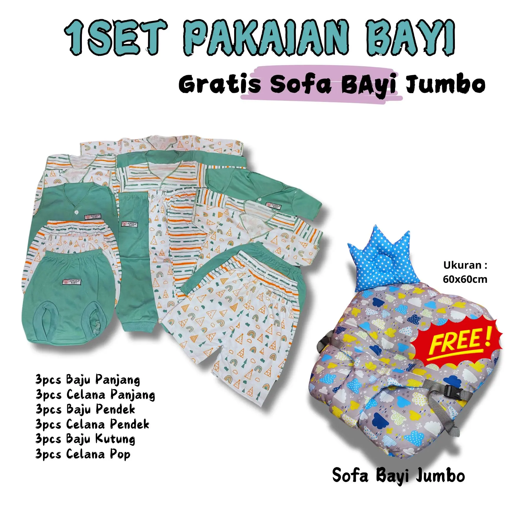 Azzahra Kids Gratis Sofa Bayi 1set Pakaian Bayi Isi 19Pcs Lengan panjang Pendek