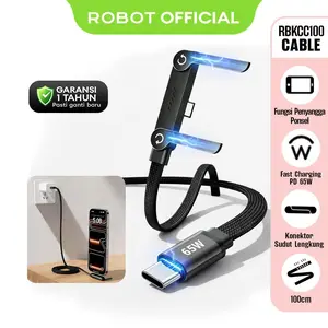 ROBOT Data Cable Kabel Data Charger Handphone RBKCC100 Type-C to Type-C 65W Fast Charging with Foldable Phone Holder Stand - Garansi 1 Tahun - Bisa COD