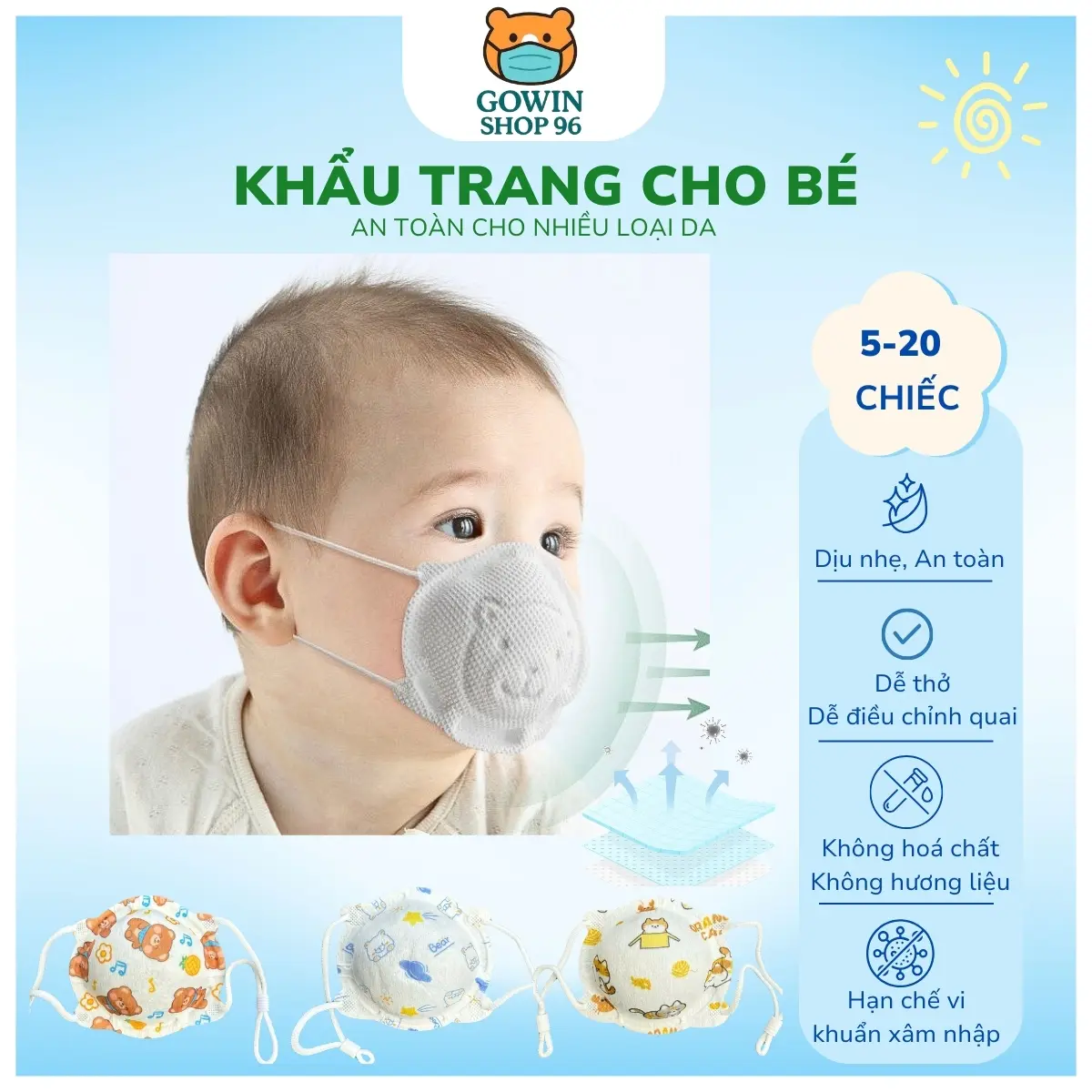 [0-3tuổi]Combo 5,10,20 chiếc khẩu trang trẻ em hình con gấu cho bé sơ sinh