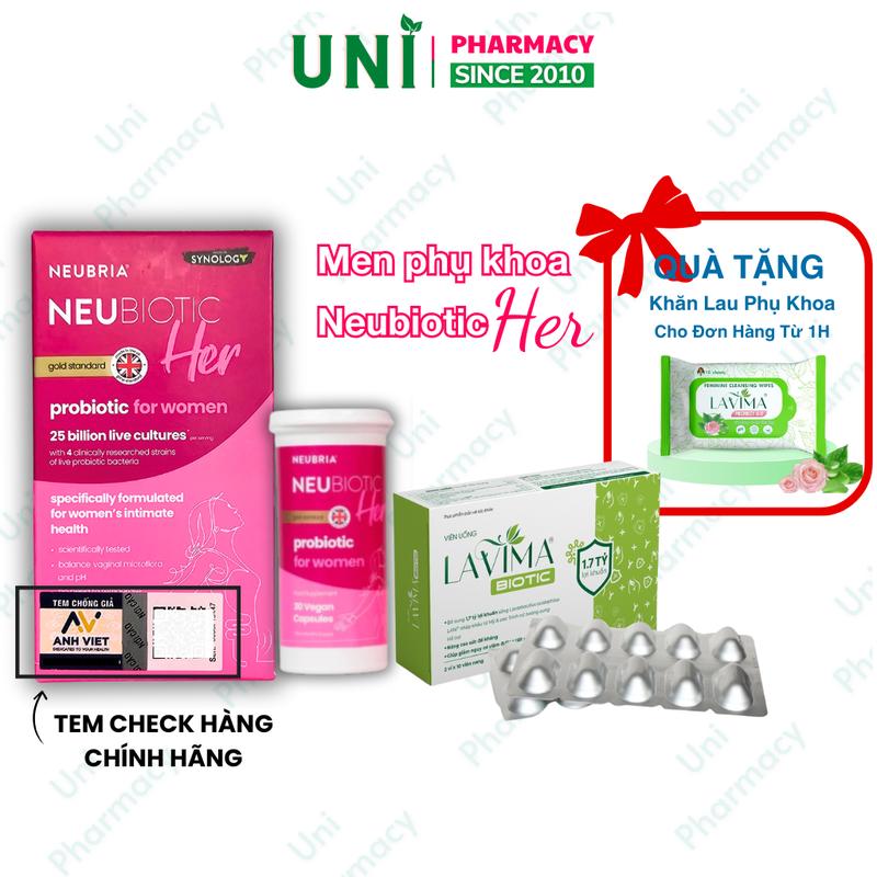 ( Mua 1hộp Tặng 1 Khăn ướt PK ) Viên Uống Phụ Khoa, Men Vi Sinh Vùng Kín NEUBIOTIC HER và LAVIMA BIOTIC, Giảm Khí Hư, Ngứa Rát Cô Bé Chính Hãng
