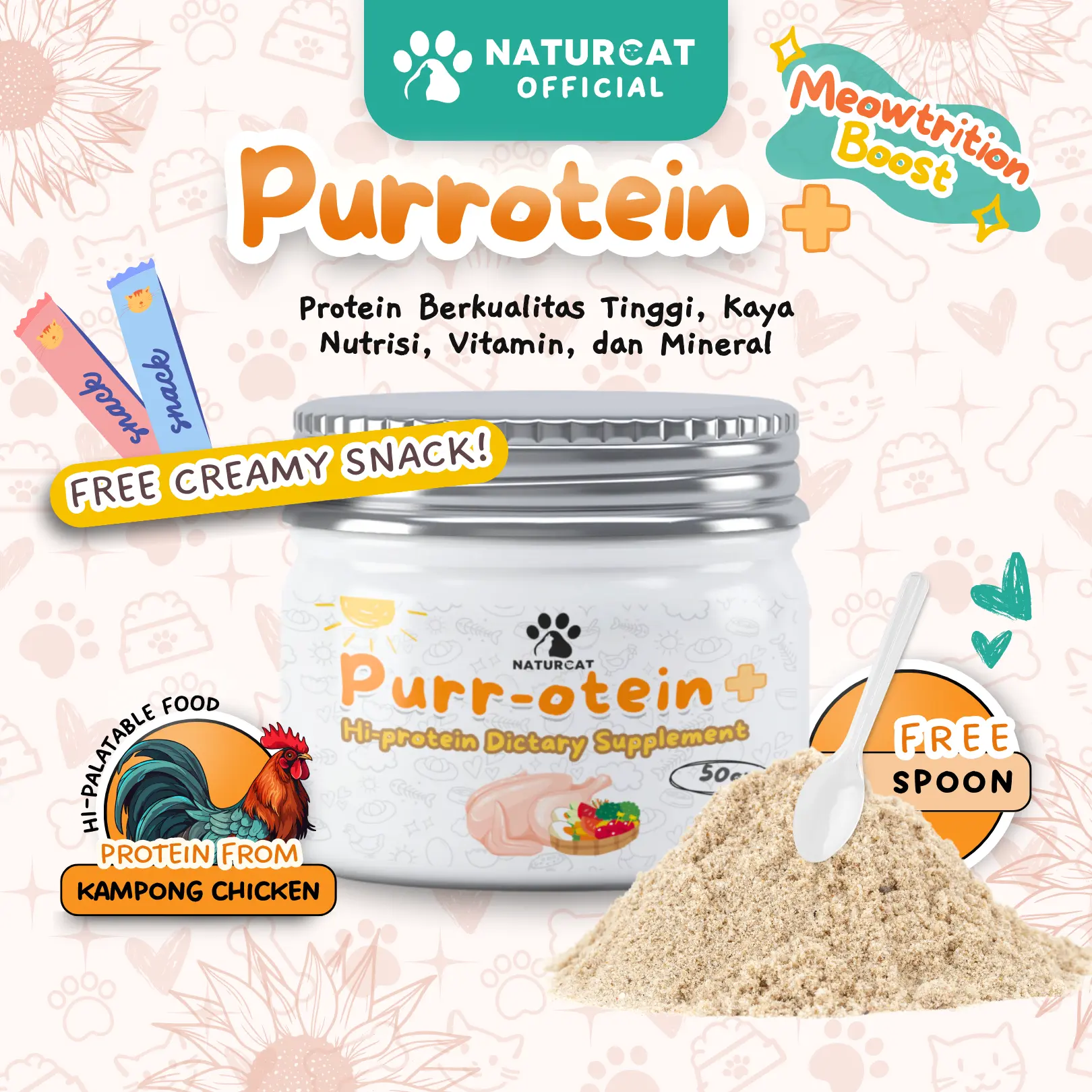 Naturcat Vitamin Kucing PURROTEIN Superfood Protein Tinggi untuk Penambah Nafsu Makan Penggemuk Berat Badan Gembul Kulit Sehat Cegah Bulu Rontok Pada Anabul Kucing dan Anjing