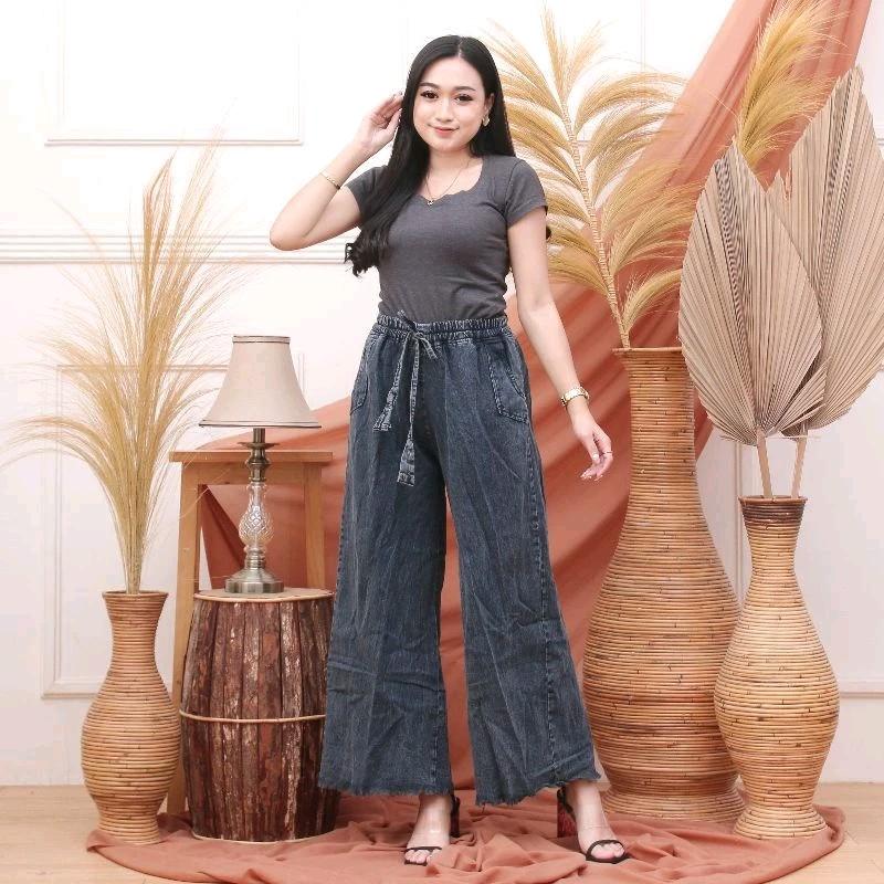 KULOT JEANS JUMBO [ M L XL XXL ] SNOW TALI SERUT | KULOT LIPAT JEANS PINGGANG FULL KARET | CELANA KULOT JEANS SNOW TALI SERUT  Celana Panjang Wanita Dewasa 6