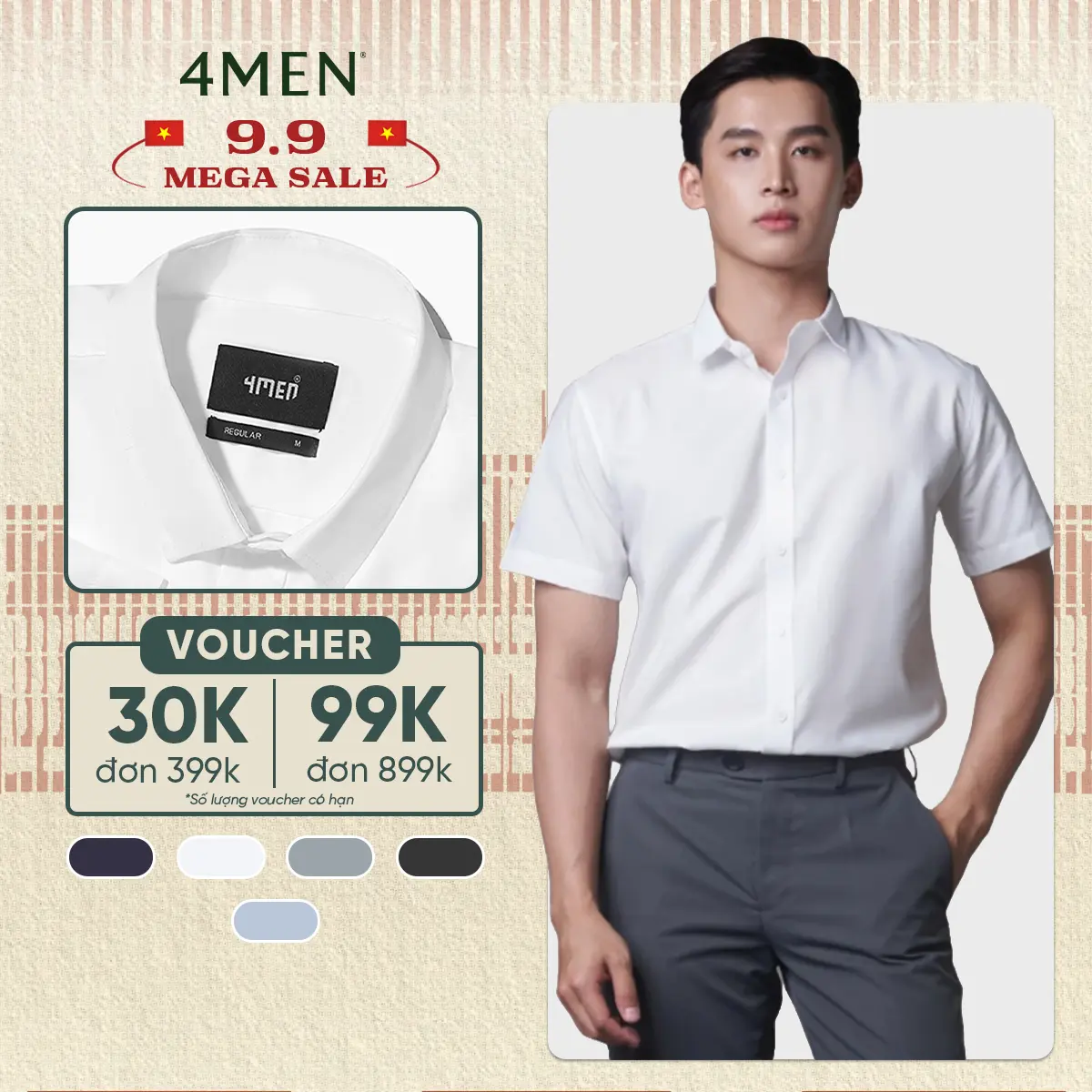 Áo sơ mi nam tay ngắn trơn đẹp 4MEN SM087 vải lụa chéo mềm mịn, hạn chế nhăn, form tailored công sở trẻ trung giá rẻ