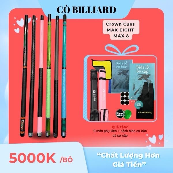 Cơ bida lỗ Crown Cues Carbon Max Eight tặng kèm 9 món pk và sách bida cơ bản + sơ cấp độc quyền tại cò billiard