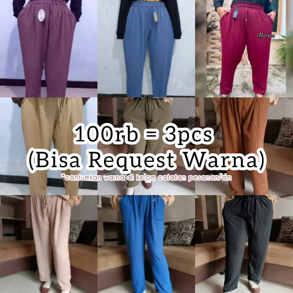 Celana Baggy Pants Jumbo Bahan Cringkel Airflow Coklat Melar Wanita Kulot Karet Crinkle