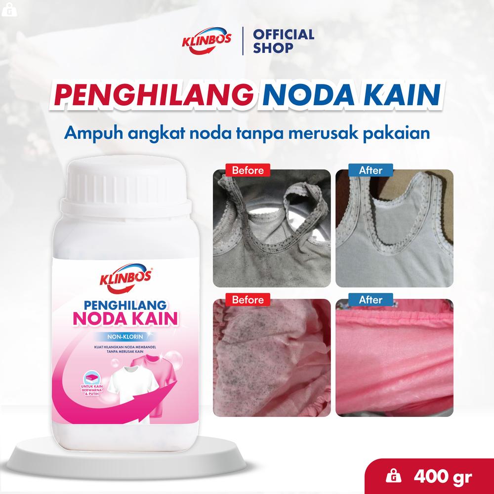 KLINBOS Penghilang Noda Kain Noda Jamur dan Menguning Tanpa Melunturkan Warna 400 Gram - 1 Botol Penghilang Noda Kain 400 gram