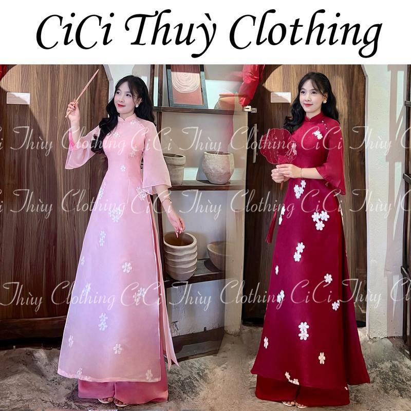  Áo Dài Tết - Áo Dài Ngọc Ẩn Áo Dài Cách Tân Dáng Eo Tơ Thêu Tày Loe - CiCi Thuỳ Clothing đỏ trắng hồng trang phục truyền thống 