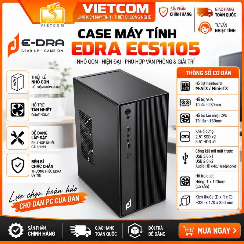 Vỏ Case Máy Tính E-DRA ECS1105 Mini Tower M-ATX / Mini-ITX Màu Đen – Case PC Văn Phòng
