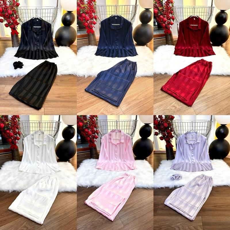 LỤA SỌC MÀU (45kg-85kg) Pijama lụa sọc thiết kế cổ sơ mi màu sang trọng có tay ngắn tay dài, Quần Ngủ Nữ Women Áo