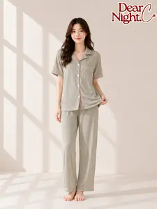 DEARNIGHTCO - Jul Mu Sleepwear Motif Garis Bahan Milk Silk Lengan Pendek Celana Panjang Pakaian Tidur Wanita Piyama Dewasa Korea