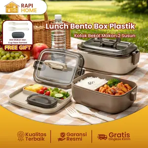 RAPI HOME Lunch Box  Food Grade 2 Susun Tempat Makan Kotak Bekal Anti Tumpah Anti Bocor dengan Sendok Garpu Free Gift