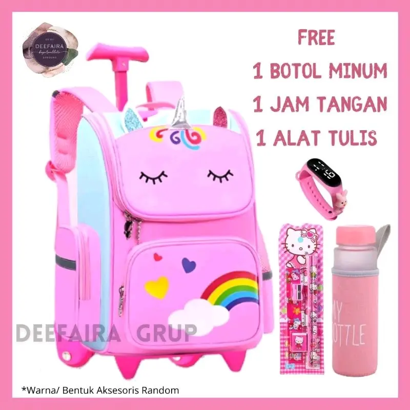 COD Tas Ransel Troli Koper Dorong  Uniq0rrn Kuda Poni Tanduk Awan Pelangi Love Ransel Troli Anak Tk dan Paud  Gratis Botol l Free Jam Tangan Hadiah Alat Tulis
