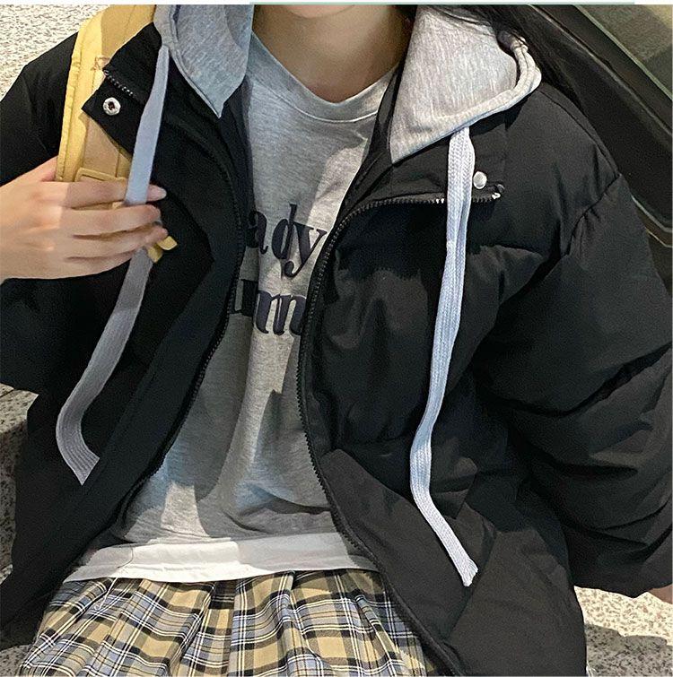 Product Introduction of Loose Slim Hooded Two Piece Set Parkas Spell Color Simple Casual Fashion Women's Parkas Basic Office Ladies Womenswear Coats 13