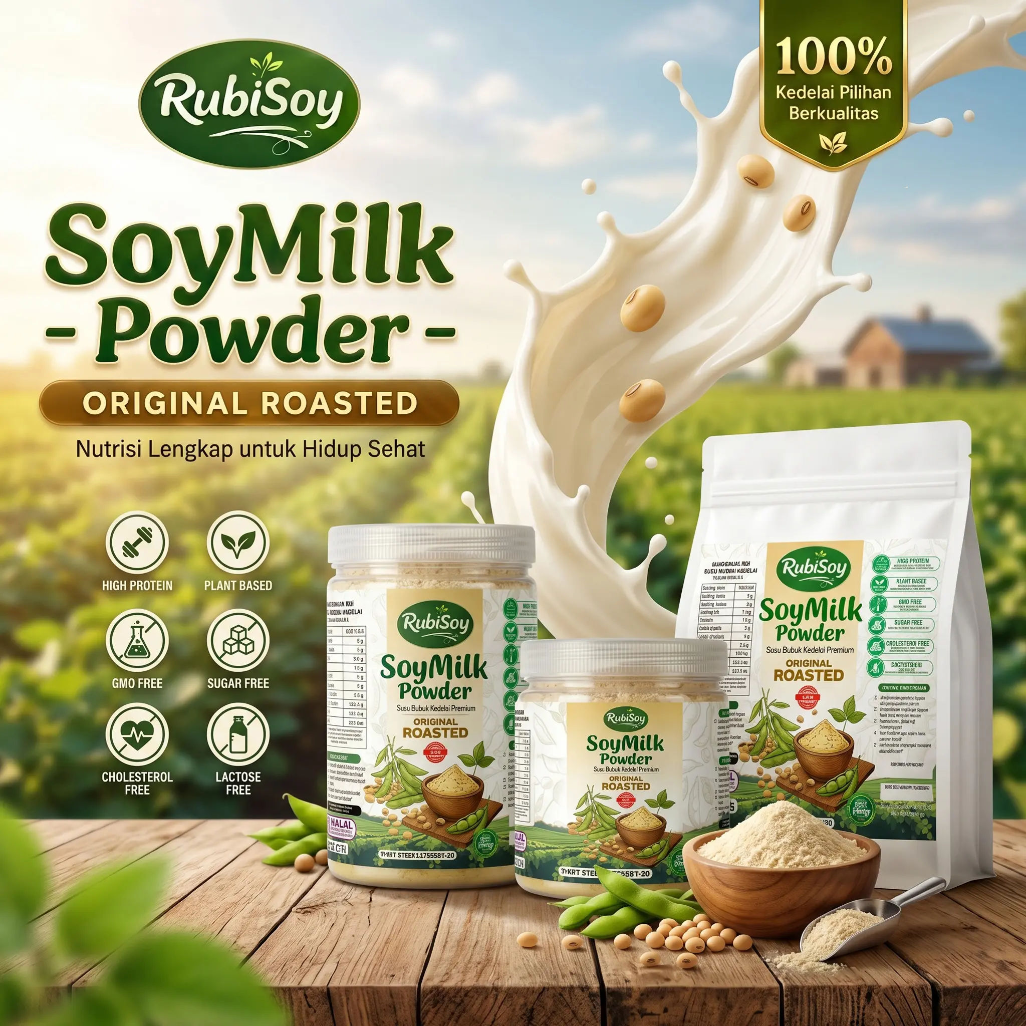 Rubisoy Susu Kedelai Bubuk Organik - Soy Milk Powder Tanpa Gula, Tinggi Protein Rasa Original Sangrai Kemasan 200g, 400g & 1000g