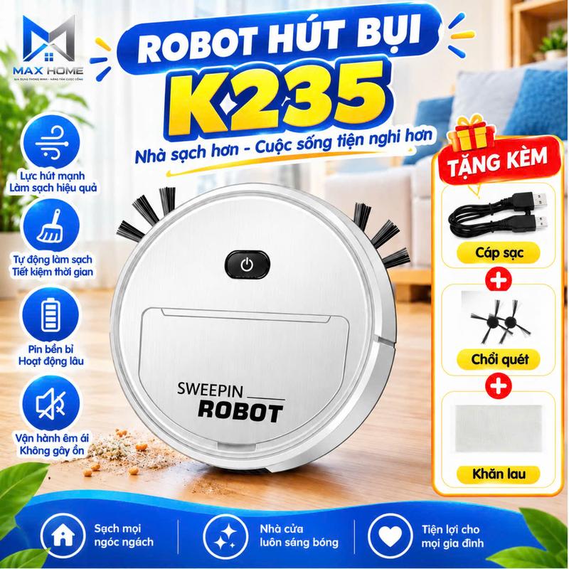 Robot Hút Bụi Lau Nhà Thông Minh SWEEPIN ROBOT 3 Trong 1, Tự Động Quet Hút Lau Sàn, Hút Bụi Tóc Rôi, Thiết Kế Siêu Mỏng 5.5cm, Pin Sạc USB, Dùng Cho Sàn Gỗ Và Gạch Men - MAXHOME
