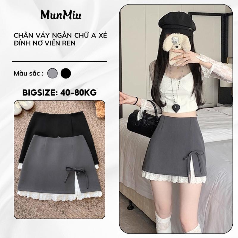 Chân váy nữ MunMiu váy ngắn chữ A xẻ đính nơ viền ren trắng xinh xắn tiểu thư phong cách Hàn Quốc 5901