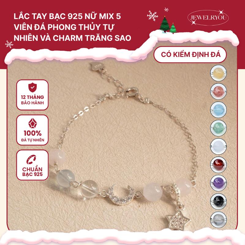  Lắc tay bạc 925 nữ JEWELRYOU mix 5 viên đá năng lượng tự nhiên đa công dụng charm trăng sao lấp lánh - Jew20 