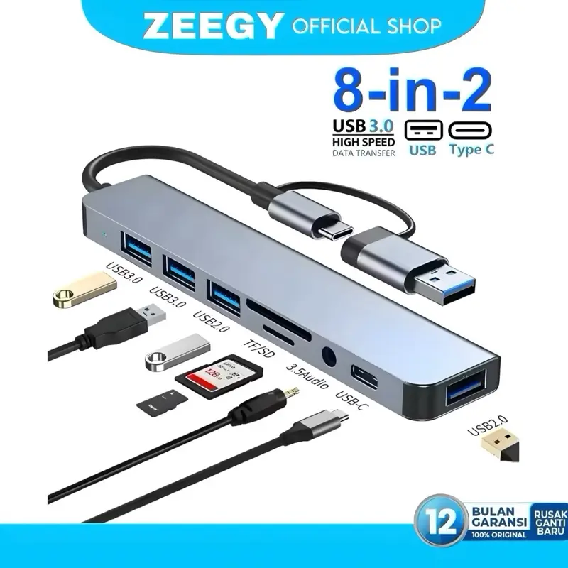 ZEGGY USB 8-in-1 Converter Type C Hub Adapter dengan 4 USB, SD, TF, dan 3.5mm Audio Output untuk Pasang dan Mainkan