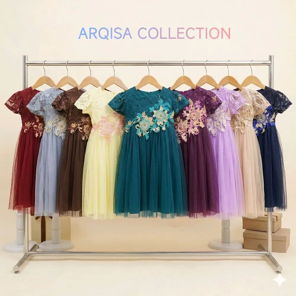 Gaun anak cantik dengan bordir bunga timbul dress anak mewah Tutu Fashion