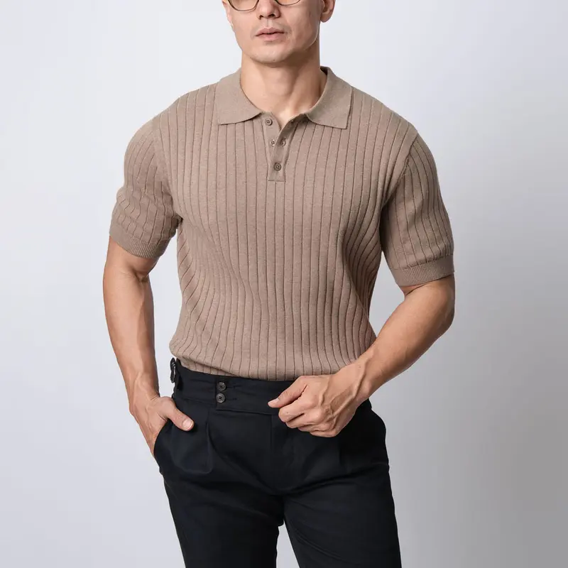 VENGOZ Polo Shirt Rajut Pria - Mens Polo Shirts Striped Light Brown 0