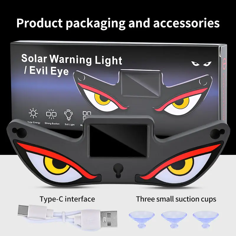 Lampu LED Mobil Evil Eye Solar Warning Light 6 Mode Lampu Kaca Belakang Mobil Wireless USB Type C / Lampu Mobil Mata