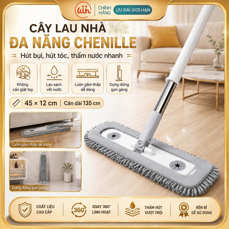 Cây lau nhà thông minh tự vắt không dùng tay, tấm lau lớn 45cm hút sạch bụi tóc & thấm nước siêu nhanh, xoay 360° dễ luồn gầm tủ, thiết kế gọn nhẹ dựng đứng không tốn chỗ