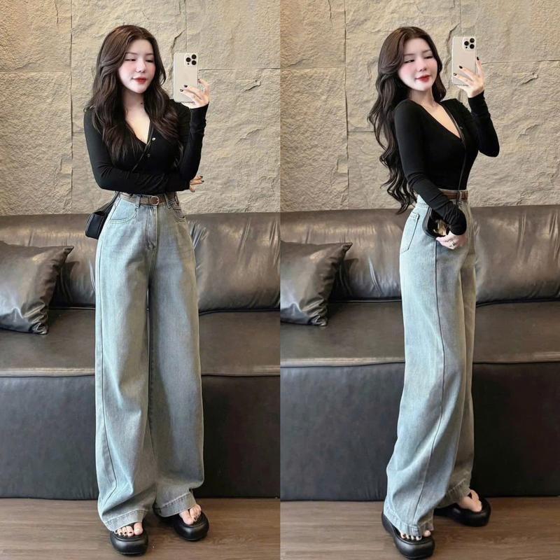  Set bộ nữ áo thun zip dài tay ôm body kèm quần jean dài ống rộng sang chảnh thanh lịch Hot 