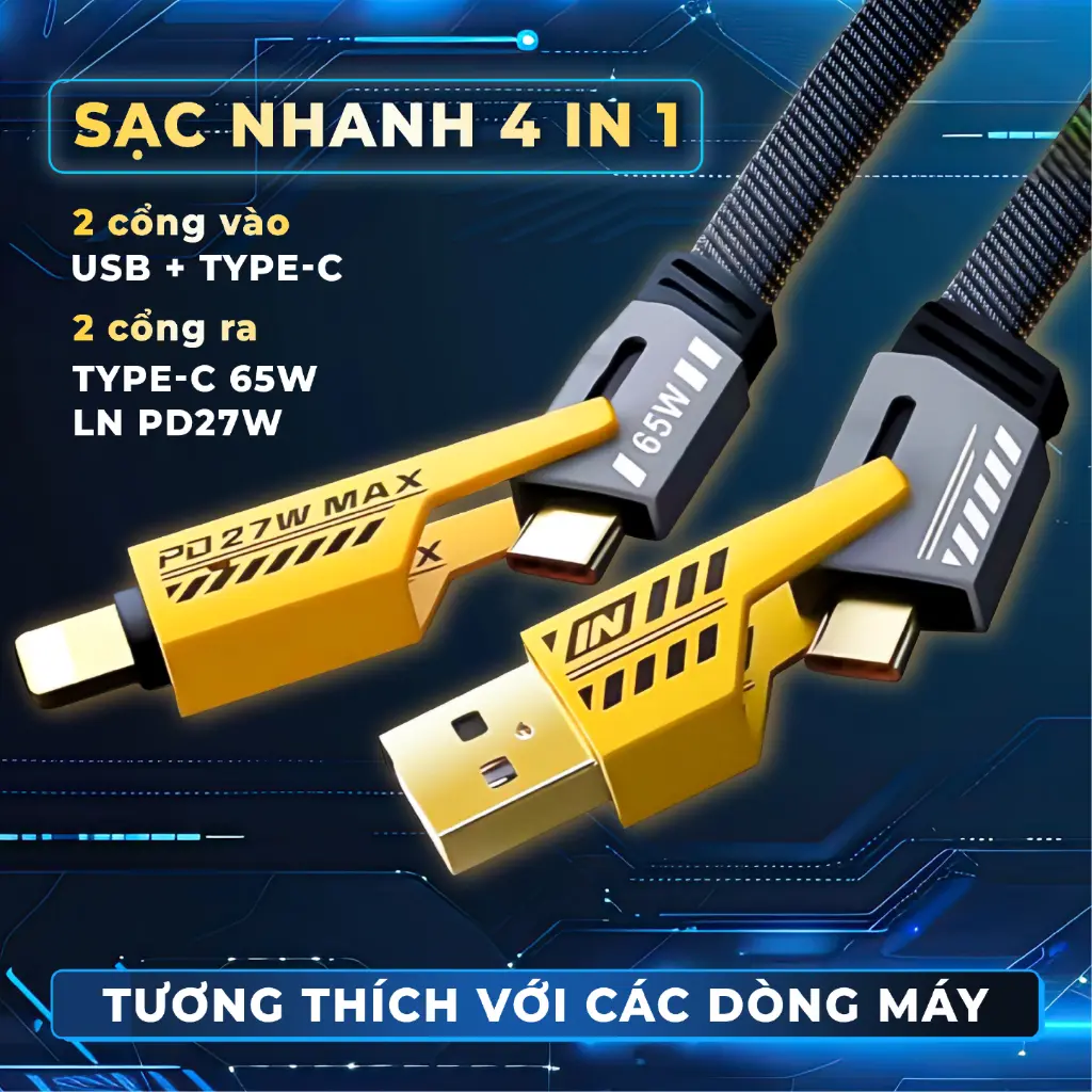 Dây Cáp Sạc Nhanh Đa Năng 4 IN 1 - Sạc Siêu Nhanh Tối Đa 65W
