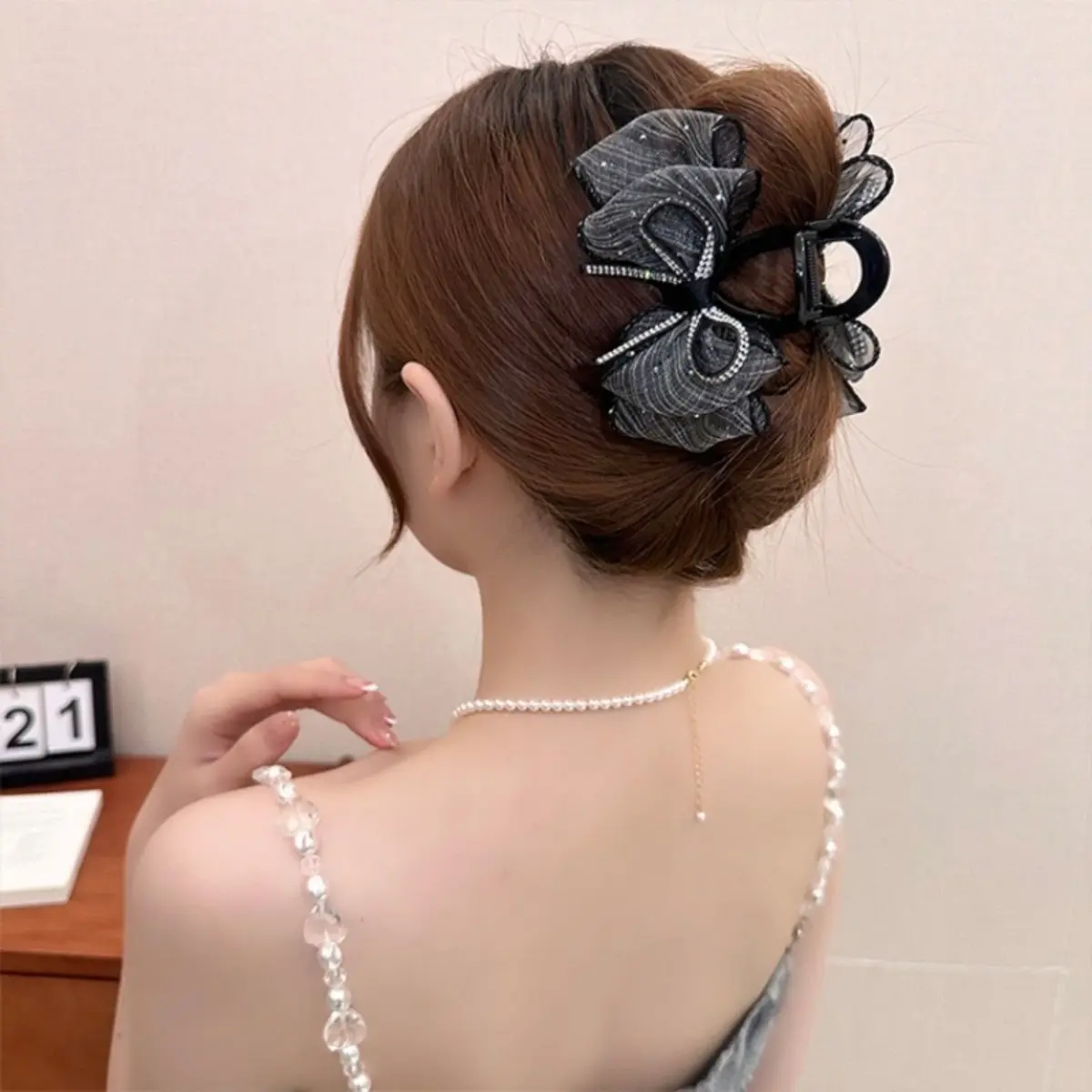 (Twotones) Jepit Rambut Korea 8cm Polkadot Pita Elegant Polka Dot Mesh Ribbon Bow Jaw Hair Clip HCBR006