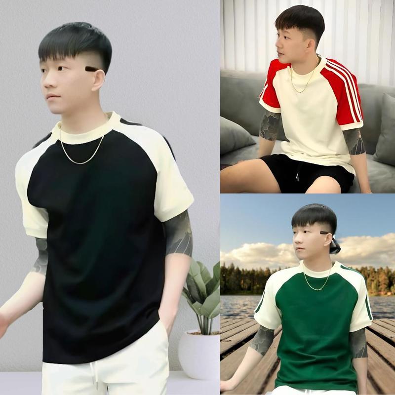 Áo Thun Nam Unisex Phối Viền Tay Thể Thao Năng Động Form Rộng Chất Cotton Mềm Mịn 0