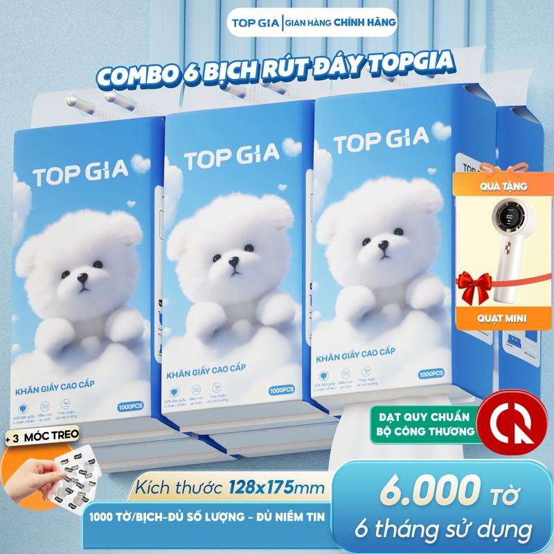 TẶNG QUẠT MINI Thùng 6 bịch khăn giấy cao cấp GIA GIA TOP GIA 1000 tờ – Giấy lau khô đa năng – Mềm mịn không gây kích ứng ĐẠT QUY CHUẨN CỦA BỘ CÔNG THƯƠNG tặng 3 móc treo và quạt mini TG68