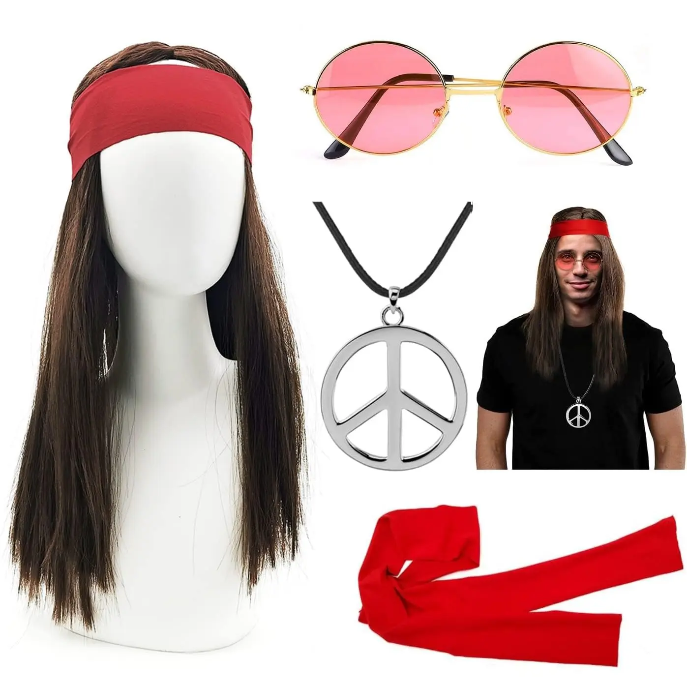 Hippie Halloween Men's Costume Accessories with Wig Sunglasses and Peace Necklace , Carnival Party Prom Costume Accessory Set Menswear Birthday