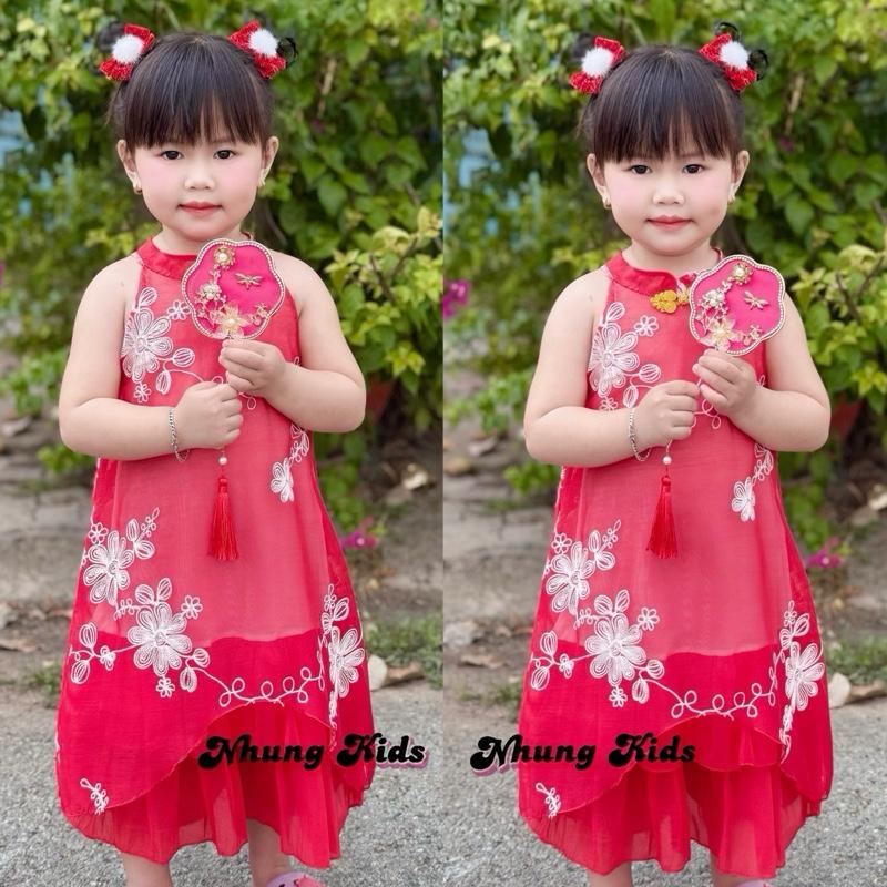  8-17kg Đầm tết áo cổ yếm phối bèo tơ thêu chất vải tơ thêu cho bé gái dưới 4 tuổi 