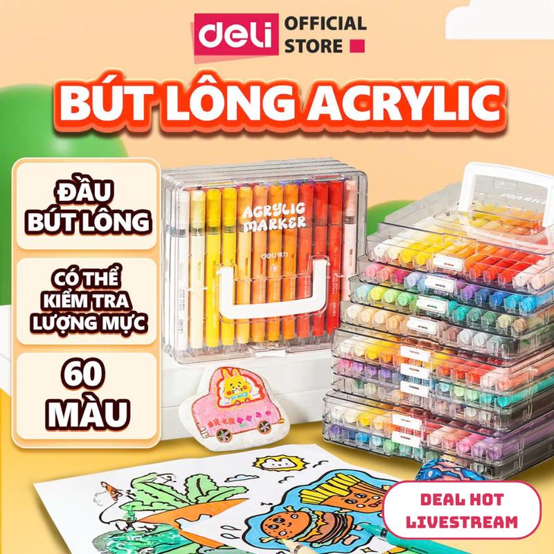 Bút Sơn Màu Acrylic Maker Roller Deli - Bút Acrylic Marker Dạng Roller Kiểm Soát Mực Hộp Nhựa 24 36 48 60 Màu Sắc Tươi Sáng Vẽ Được Trên Mọi Chất Liệu Có Thể Rửa Sạch Trên Da