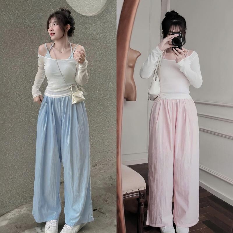 Set đồ nữ 3 món áo lót cổ yếm kèm khoác thun giấy trễ vai tay dài mix quần dài ống rộng xinh xắn dành cho các nàng diện đi chơi